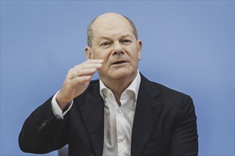 Olaf Scholz (SPD), Federal Chancellor, recorded at a federal press conference on current domestic