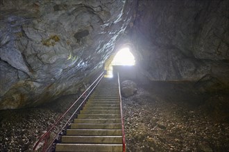 Karst cave, stairs, exit, Krizna jama, Cerknica, Carniola, Slovenia, Europe