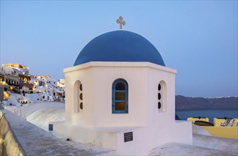 Blue-domed Church of Agios Nikolaos by night, Ia, Oia, Santorini, Greece, Europe