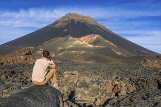 Man near Vulcano on Fogo. Cabo Verde. Africa