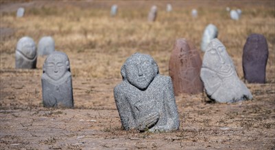 Balbals, historical gravestones in the shape of human faces, near Tokmok, Chuy, Kyrgyzstan, Asia