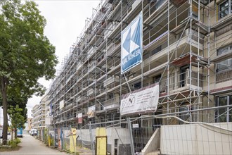 First buildings and construction site of Hafen City Dresden at Neustädter Hafen harbour