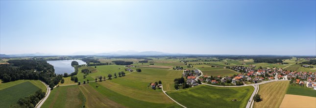 Drone shot, Abtsdorfer See with village Leobendorf, municipality Saaldorf-Surheim, Rupertiwinkel,