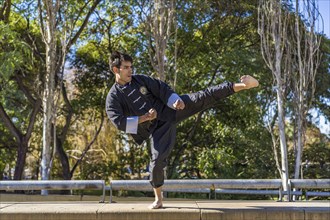 Martial arts fighter practicing kicks in a public park