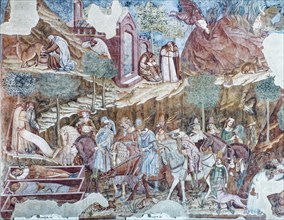 Royal hunting party meets three open coffins, Memento mori, detail from the fresco Il Trionfo della