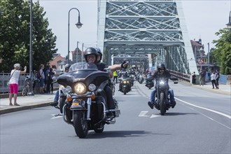 Harley Days Dresden, big ride through the city, here at the Elbe bridge Blaue Wunder