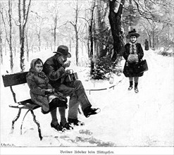 Berlin worker having lunch, Berlin, winter, snow, cold, park, bench, man, child, daughter, woman,