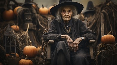 Ghostly scary old witch sitting amongst pumpkins and other halloween decorations, generative AI