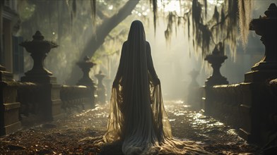 Ghostly female figure silhouette standing or walking amidst the spooky halloween fog outside,