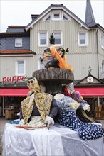 Witch figures at the fountain, decoration for Walpurgis Night, Braunlage, Harz, Lower Saxony,