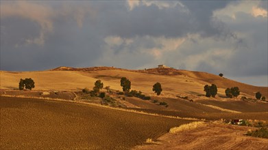 Evening light, Autumn hill landscape, brown fields, dramatic cloudy sky, Madonie National Park,