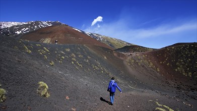 Lone visitor in crater, black lava field, red lava hill, Crateri Silvestri, Etna, volcano, Eastern