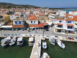 Drone shot, harbour, town of Elafonisos, Elafonisos, Deer Island, Laconia, Peloponnese, Ionian