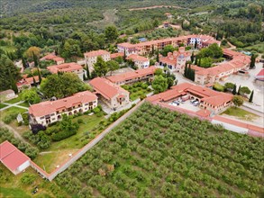 Aerial view, Evangelismos tis Theotokou, Orthodox woman's monastery, Ormylia, Dimotiki Enotita