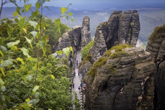 The world-famous Bastei Bridge over the Wehlgrund with Neurathen Rock Castle