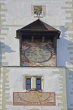 Sundial and clock at the Grafeneckart built 14th century, town hall, detail, facade, Würzburg,