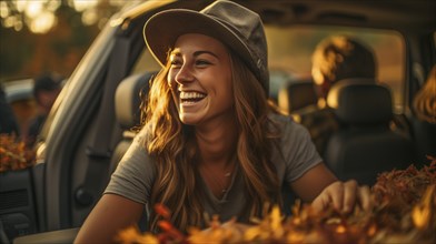 Young adult female farmer wearing cowboy hat sitting on the tailgate of her truck outdoors amongst