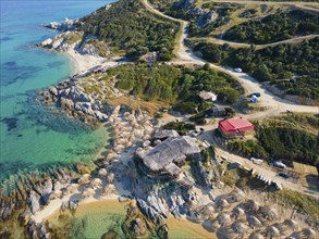 Aerial view, Tigania and Belka Beach, Kriaritsi, Sithonia, Chalkidiki, Central Macedonia, Greece,