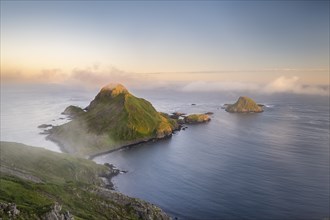 View from Mount Bufjellet towards the coast near Nykvag, Langoya Island, Vesteralen Archipelago,