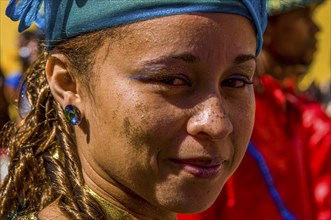 Portrait of colourful costumed, pretty woman. Carnival. Mindelo. Cabo Verde. Africa