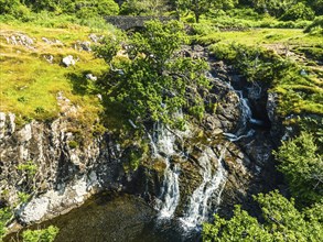 Eas Fors Waterfall from a drone, Isle of Mull, Scottish Inner Hebrides, Scotland, UK