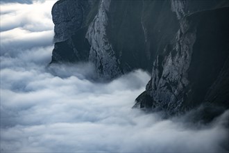 High fog in the valley, view from Säntis, Appenzell Ausserrhoden, Appenzell Alps, Switzerland,