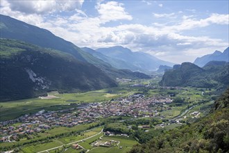 Town view, view of the Sarca Valley with the village of Dro, Garda Mountains, Arco, Trentino-Alto