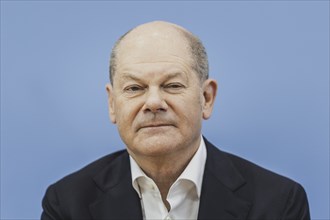 Olaf Scholz (SPD), Federal Chancellor, recorded at a federal press conference on current domestic