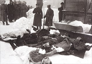 Sentry guarding the dead after a protest, Saint Petersburg, 1917, Russia, Europe