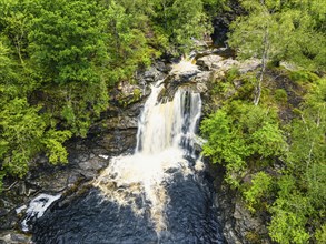 Falls of Falloch from a drone, Waterfall on River Falloch, Crianlarich, Stirling, West Highland,