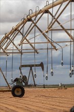 Plains, Texas, An oil well near irrigation equipment on farm land in the Permian Basin