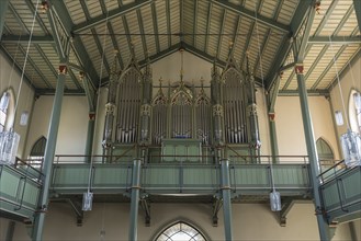 Organ loft of the neo-Gothic church, built around 1860, Köndringen, Baden-Württemberg, Germany,