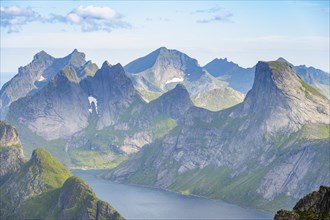 Mountain landscape with steep rocky peaks fjords and sea, view from the top of Munken to