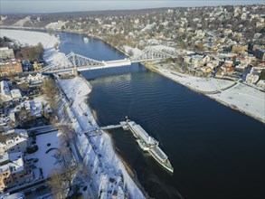 Passenger steamer Leipzig at the Elbe bridge Blaues Wunder