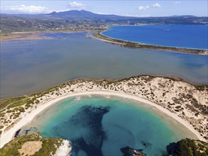 Drone shot, Voidokilia Bay, Voidokilia Bay, Ox Belly Bay, Pylos, Messinia, Peloponnese, Greece,