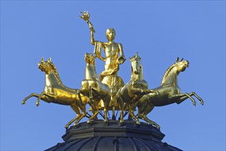 Quadriga on roof, gilded, Apollo, god of light on four-in-hand chariot, four horses, carrying torch