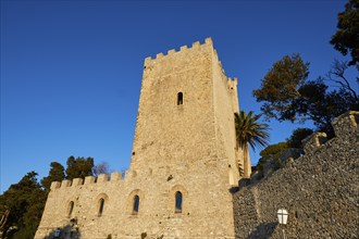 Morning light, Castello di Venere, Norman fortress, tower, close, blue cloudless sky, Erice,