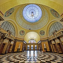 Foyer with glass dome in the spa hotel and Casino in the evening, Wiesbaden, Hesse, Germany, Europe