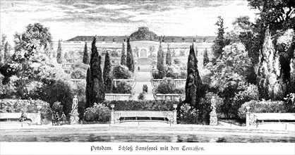 Sanssouci Palace with terraces, Potsdam near Berlin, royal city palace, ornamental garden, garden,