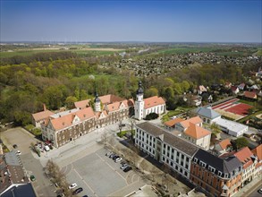 Riesa town centre on the Elbe. Monastery church and town hall on the town hall square