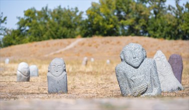 Balbals, historical gravestones in the shape of human faces, near Tokmok, Chuy, Kyrgyzstan, Asia