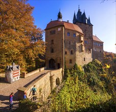 Kriebstein Castle rises on a steep rock above the Zschopau. Within the large group of hilltop