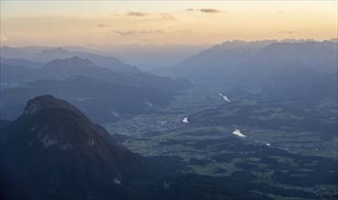 Evening atmosphere view from Scheffauer the Inn valley with river Inn, Kitzbühler Alps, Tyrol,