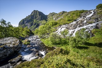 Lofoten waterfall on the hiking trail to Munkebu hut, long exposure, Moskenesoya, Lofoten,