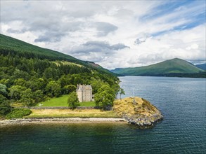 Dunderave Castle from a drone, Loch Fyne, Argyll, Scotland, UK