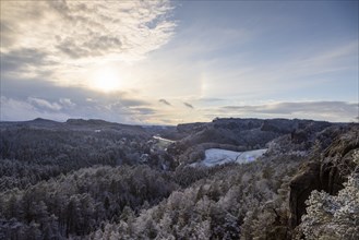 View of Rathen in the evening from the Gamrig in Saxon Switzerland