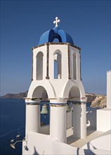 Blue-domed belfry, Agios Spiridonas, St Spyridon Church, Ia, Oia, Santorini, Greece, Europe