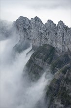 View of mountain peaks above the sea of clouds, Alpstein, high fog, Appenzell Ausserrhoden,