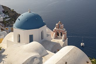 Blue-domed Orthodox Church of Anastasis, Resurrection of Lord, Ia, Oia, Santorini, Thira, Greece,