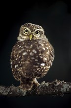 Little Owl (Athena noctua) perched on branch at night